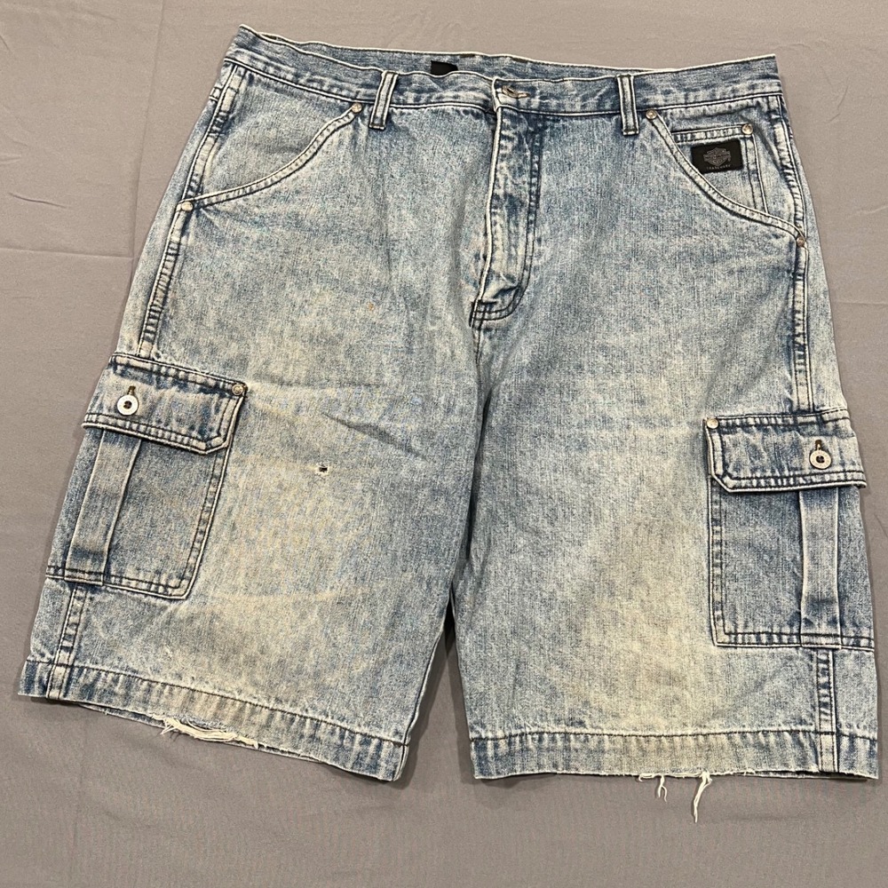 Vintage Harley Davidson baggy Denim Cargo Shorts Mens 36 Blue Distressed Y2K